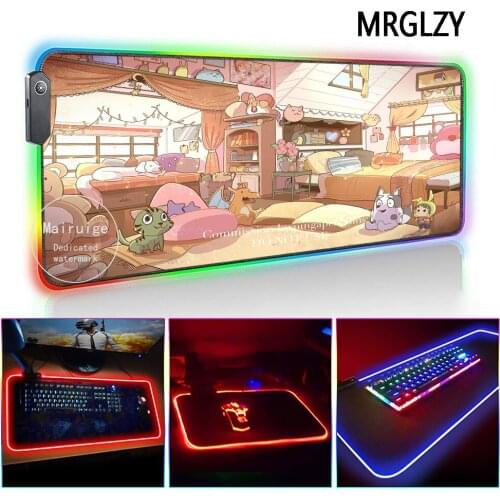 MRGLZY LED Light RGB Pink Large Mouse Pad Cute Cat XXL Genshin Impact DeskMat Gaming Accessories for PC Laptop Keyboard MiceMat