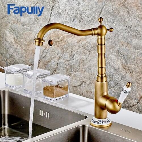 Fapully Kitchen Sink Faucet Deck Mount vintage Kitchen Mixer Taps Antique Brass 360 Rotation Water Tap 250-33A