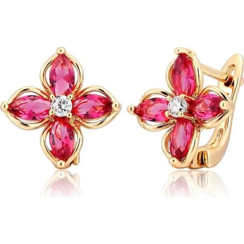 Marquise Cross Red CZ Flower Four Petal Clover Huggie Small Hoop Earrings for Women Girls Yellow Gold Color Jewelry Aros Aretes
