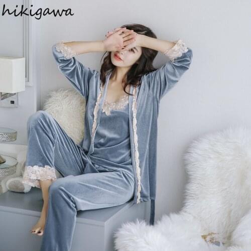 Hikigawa Fashion Pijamas Women Chic Velvet 3 Piece Set Women Sexy Lace Sling Pantsuits Korean Suit Female Nightie for Womens