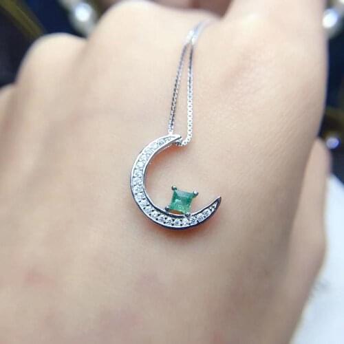 Natural green emerald gem Pendant natural gemstone pendant S925 silver simple lovely Moon square girl party gift jewelery