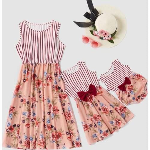 Flower Mothers Day Dress Stripe Print Mommy and Little Girl Dresses Bow Parent-child Wear Cute Mom Clothes Children Clothes Hot