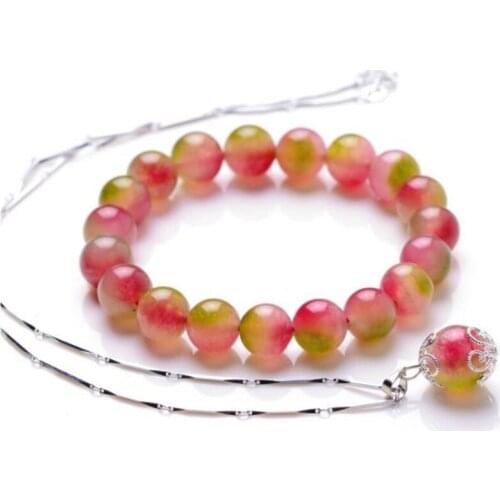 10mm Natural crystal necklace pendant set with watermelon crystal chalcedony bracelet
