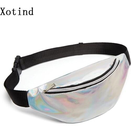 Women Laser Waist Packs Bags Pure Color Fanny Pack Female Belt Bag Black PVC Waist Packs Purse Laser Phone Pouch Sequin Packet