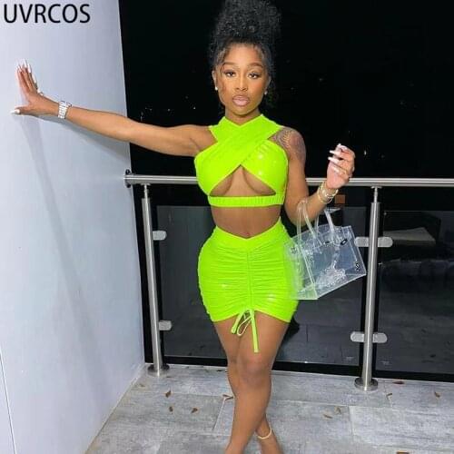 UVRCOS Festival Clothing Womens Suit Summer 2021 Faux Leather Chest Cut Out Halter Tops And Shirring Skinny Short Skirt 2 Sets