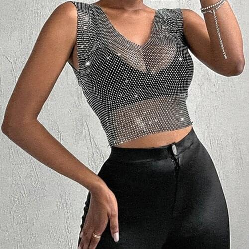 Sexy y2k Summer V Neck See Through fishnet corset crop top women Cover Up bikini Rhinestone mesh Beach party club tank tops 2021
