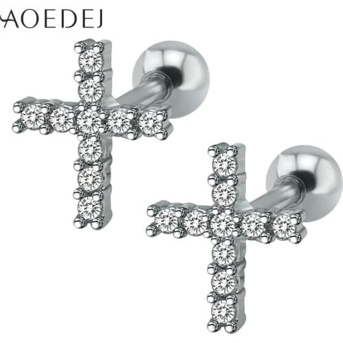 AOEDEJ Cross Earrings For Men Women Stainless Steel Crystal Earrings Clear Silver Color Small Stud Earrings Zircon Orecchini