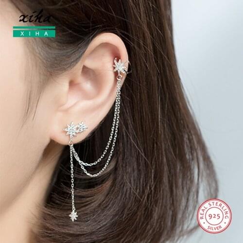 Chain 925 Sterling Silver Earrings 2020 Zircon Earcuff Star Ear Cuffs Clip on Earrings Women Bridal Earring for Wedding