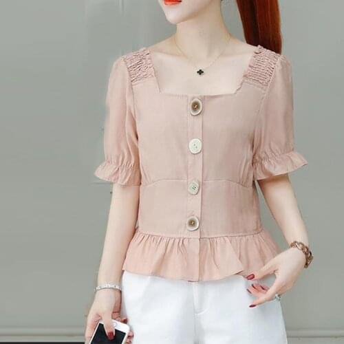 Womens Spring Summer Style Blouses Shirt Womens Solid Color Button Ruffles Square Collar Short Sleeve Korean Tops SP109