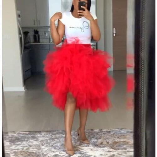 Trendy 2020 Red Puffy Tulle Bridal Tulle Skirts Tiered Tutu Women Knee Length Custom Plus Size Zipper Waistline Tutu Saias