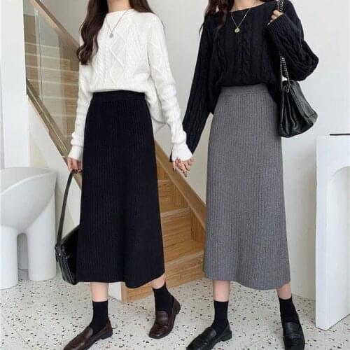 Knitted Women Sweater Skirt Autumn Winter Long Skirts Jupe Femme Korean Style Chic Elastic High Waist A-line Skirt Female X16