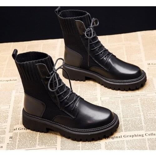 Genuine Leather Women Boots Platform Ankle Boots For Women Thick Bottom Spring/Autumn Increase Sock Boots British Female Shoes