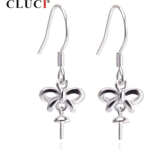 CLUCI 925 Sterling Silver Bow Kont Drop Earring for Women Pearl Earring Mounting Real Silver 925 Earrings Fine Jewelry SE085SB