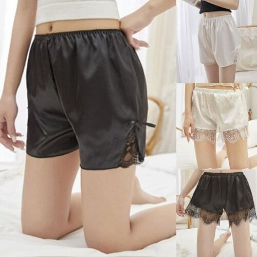 Women High Waist Silky Satin Safety Pants Sexy Eyelash Floral Lace Hem Bowknot Slip Shorts Casual Summer Loose Underpant
