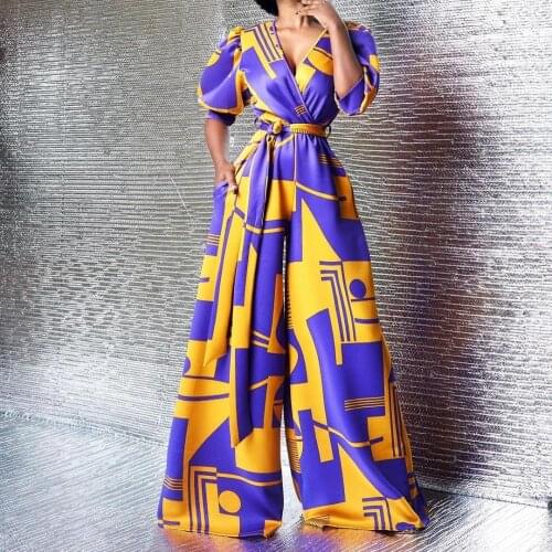 Women Jumpsuit High Waist V Collar Lantern Sleeves Female 2021 New Plus Size XXXL Elegant Fashion Summer Ladies Playsuits