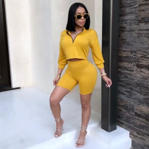 2019 New Arrival 2PCS/Set Women Clothe Sets Zip Up V-neck Crop Top +Shorts Outfit Set Fashion Workout Clothing Tracksuit