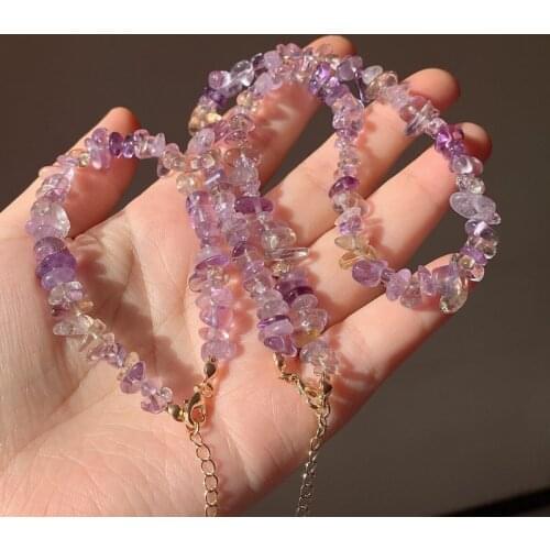 Rock Mineral Stone Short Choker Necklace Women Irregular Chips Gravel Beaded Natural Amethysts Citrines Purple Crystal Necklaces