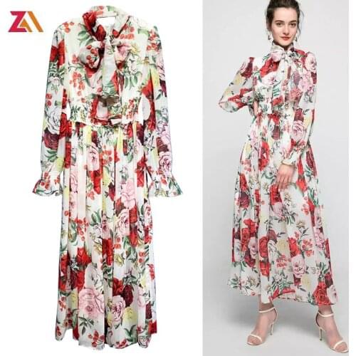 Designer runway maxi dresses for women floral printed elegant bow collar plus size 2XL on holiday beach boho party dress female