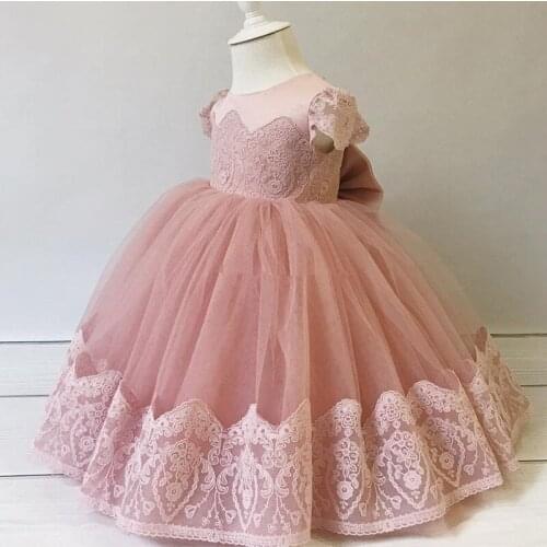 2020 Blush Pink Lace Flower Girl Dresses Tea Length Tulle Little Girl Wedding Dresses Cheap Communion Pageant Dresses Gowns