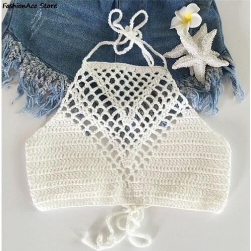 2020 Crochet Knit Bikini Bra Beach Summer Short Vest Sexy Hollow Out Female Swimwear Solid Bikini