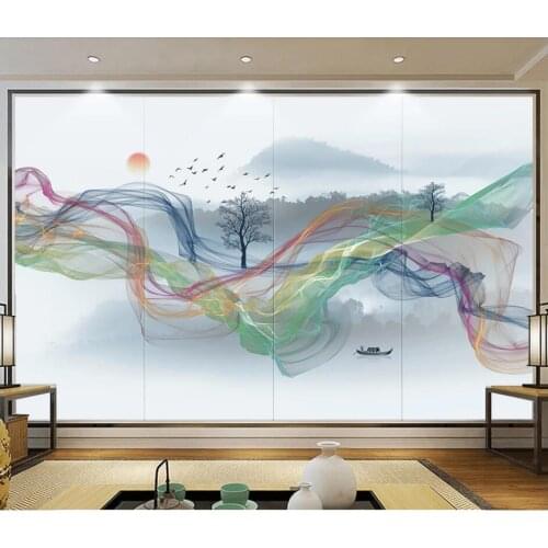Custom photo 3d wallpaper Chinese abstract line ink landscape trees birds sunrise decor 3d wall murals wallpaper for walls 3 d