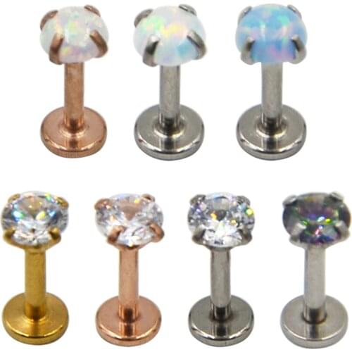 7pieces Prong Setting Round Zircon & Opal Stone Crystal Labret Lip Ring Piercing Ear Traugs Cartilage Helix Jewelry Earring 16g