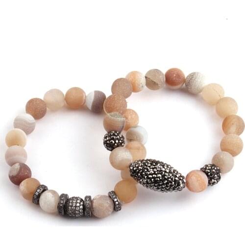 Free Shipping Women 2pc Set Micro Zircon Pave and Oval Pave Ball Natural Stone Bracelets