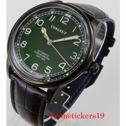 41mm corgeut black PVD plated case automatic men watch seagull miyota movement green dial leather strap seeing case back
