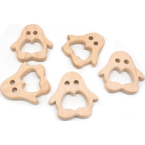 Chenkai 10pcs Penguin Wooden Teether Nature Baby Rattle Teething Grasping Toy DIY Organic Eco-friendly Wood Teething Accessories