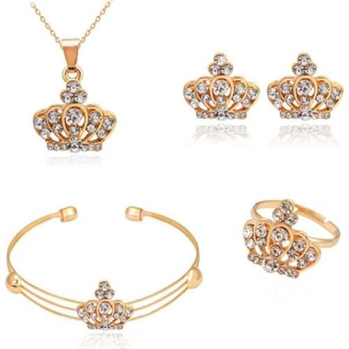 Hot 4pcs Luxury Gold Color Crown Jewelry Sets For Women Wedding Jewelry Crystal Necklace/Earring/Bracelet/Ring Set For Woman