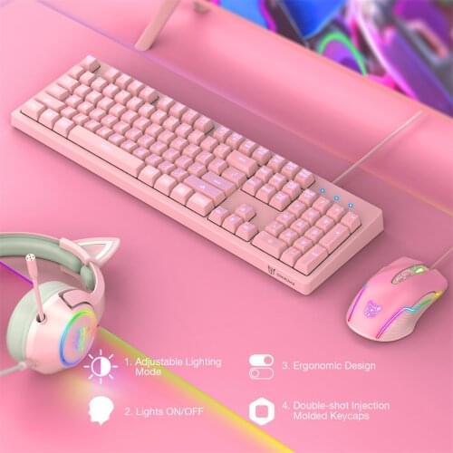 Pink Gaming Keyboard Computer Mouse Gamer Set LED Backlit PC Keypad Ergonomic 6400 DPI 7Key Wired Mouse For PC Laptop Games