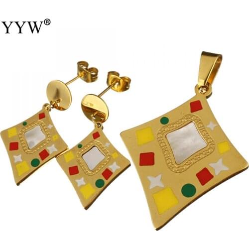 Jewelry Set Pendant & Earring With White Shell Rhombus Gold Color Stainless Steel Stud Earring Charm Pendants For Women Jewelry