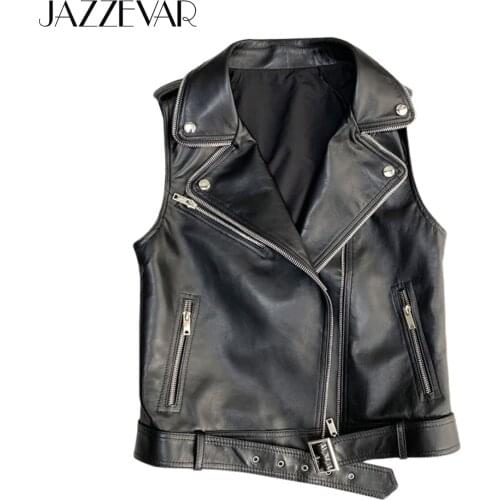 JAZZEVAR 2021 New High Fashion Street Women Real Sheep Skin Zipper Leather Vest Female Genuine Leather Black Motorcycle Jackets