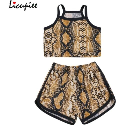 1-5 Years 2pcs Fashionable Little Girls Outfit, Summer Toddlers Creative Snakeskin Grain Sleeveless Suspender Tops + Shorts Set