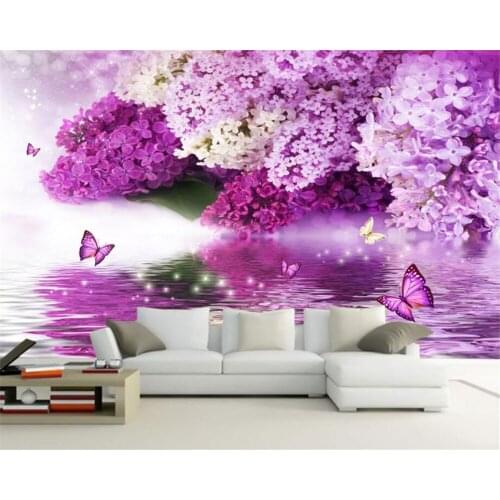 Beibehang Custom wallpaper purple flowers water reflection butterfly background wall home decor living room bedroom 3d wallpaper