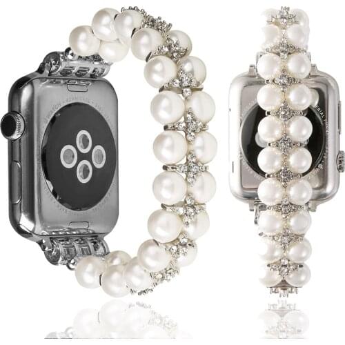 Handmade Pearl Strap for Apple Watch Band 42mm 44mm 40mm 38mm Elastic Bracelet Band for Iwatch Series SE/6/5/4/3 Belt Solo Loop