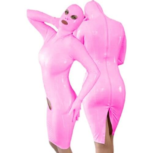 Sexy Women Shiny Full Body Cover Bodysuit PVC Faux Leather Halloween Masked PVC Catsuit Zipper Open Crotch Fetish Wear