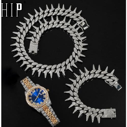 Hip Hop 25MM 3PCS KIT Heavy Watch+Thorns Necklace+Bracelet Bling Crystal AAA+ Iced Out Cuban Rhinestones Chains For Men Jewelry