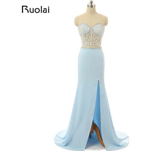 Real Photo Two Pieces Mermaid Evening Dress with Slit Sexy Evening Gown 2019 with Pearls Lace Prom Dress Vestido de Festa PD80