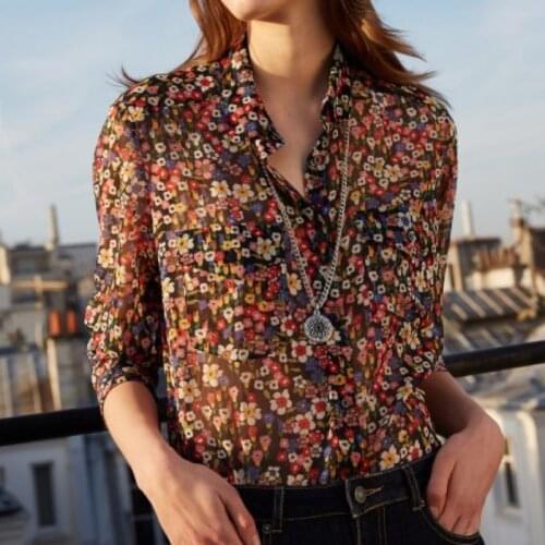 Ladies Metallic Yarn Floral Printed Lapel Long Sleeve Blouse Top - Elfbop Style Blouse Shirt