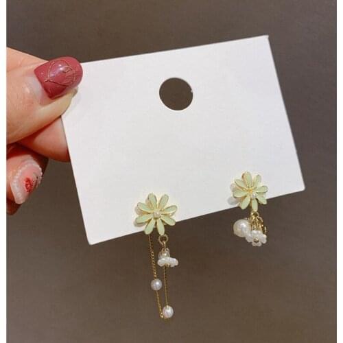 Minar 2021 Summer Green Enamel Flower Drop Earrings for Women Gold Color Metal Pearls Asymmetric Long Dangle Earrings Jewelry