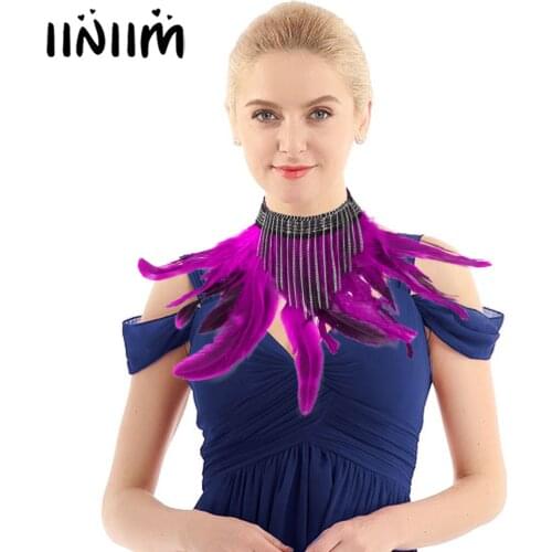 Womens Gothic Victorian Natural Feather Adjustable Choker Neck Wrap Collar with Chain Tassel Stage Performance Cosplay Costumes