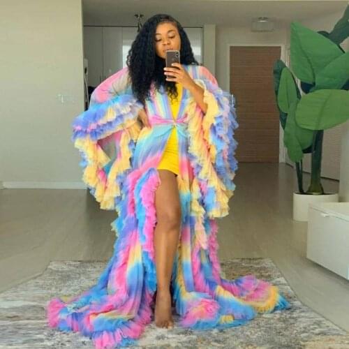 New Arrival Rainbow Long Tulle Robe Vestidos 2020 Summer Dresses Women Ruffles Tiered Puff Full Sleeves Dress See Thru