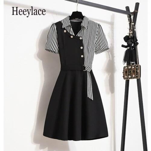 Plus size office ladies Striped Patchwork Elegant A-line Dresses Women Summer Short Sleeve High Waist A-Line Vestidos Female