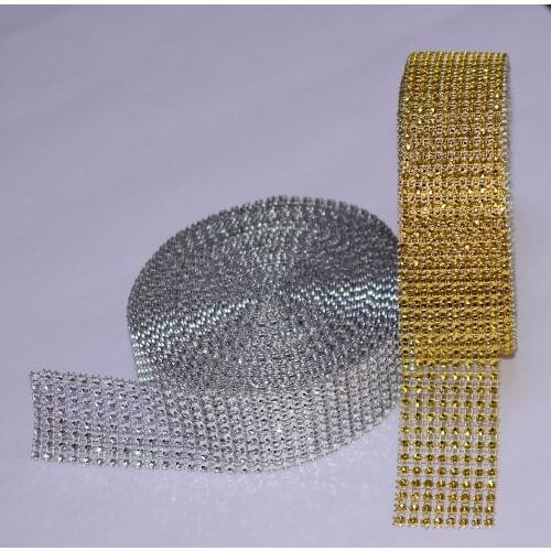 5 Yard 8 row Gold Silver Diamond Mesh Wrap Roll Sparkle Rhinestone Crystal Cake Ribbon Wedding Party Decoration Clothes Trimming