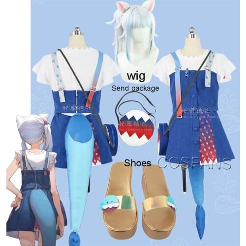 Anime Hololive VTuber Gawr Gura Blue Shark Uniform Cute Daily Dress Full Set tail Cosplay Costume Halloween Women men Wig shoes