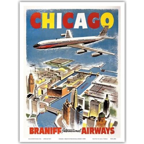 Chicago Braniff Airways Travel Landscape Vintage Retro Poster Decorative Wall Canvas Stickers Posters Bar Home Decor Gift