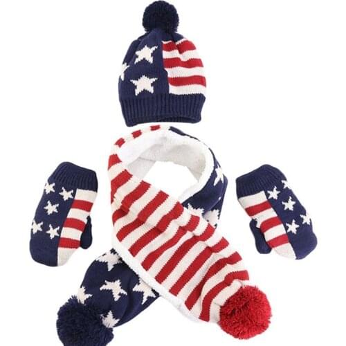 Toddler Kids 3 Pieces Winter Warm Beanie Hat Long Scarf Gloves Set USA American UK British Flag Knitted Pompom Skull Cap