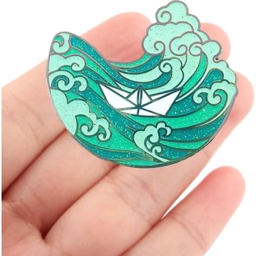 DZ2024 Pretty Glitter Huge Waves Creativity Enamel Pins Badge for Backpack Collar Lapel Pin Hat Jewelry Birthday Friends Gifts