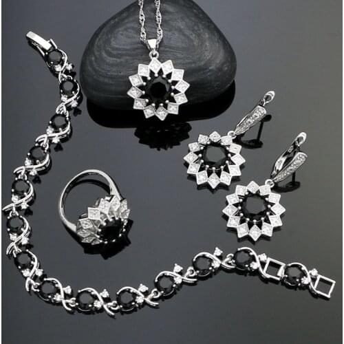 Punk Silver 925 Party Jewelry Sets For Women Black Stone White Cubic Zirconia Earrings/Pendant/Necklace/Ring/Bracelet